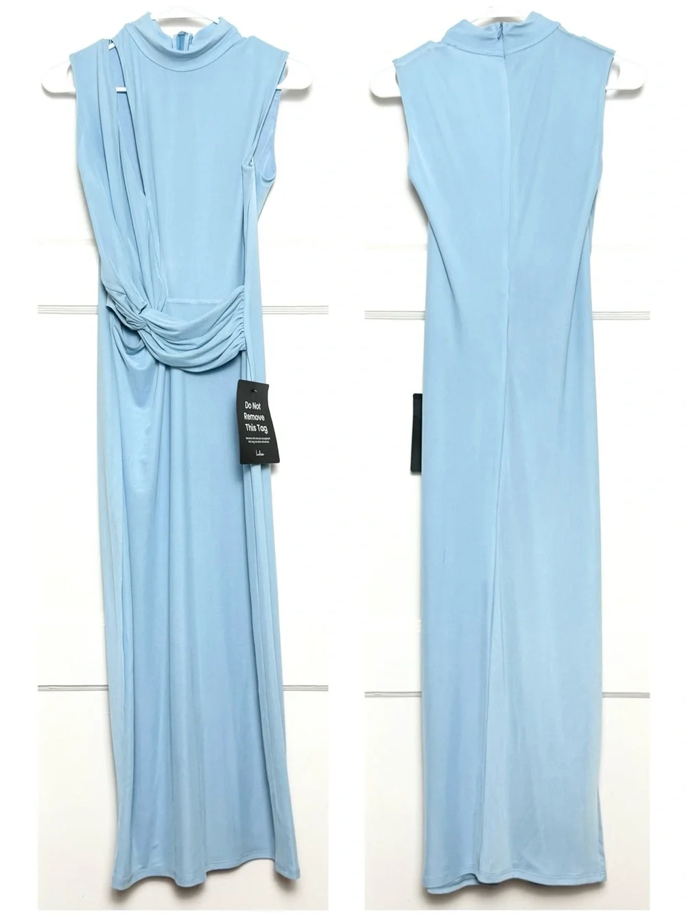LULUS Powder Blue Mesh Ruched Cutout Mockneck Y2K Scandi Girl Bodycon Dress L - Picture 3 of 8